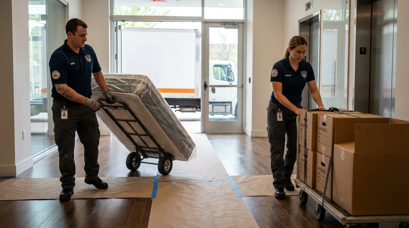 Professional apartment movers loading elevator in Jonesboro, GA